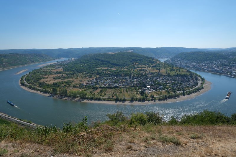 panoramic view of a bend in the rhine river giving the illusion of 4 lakes with a central island