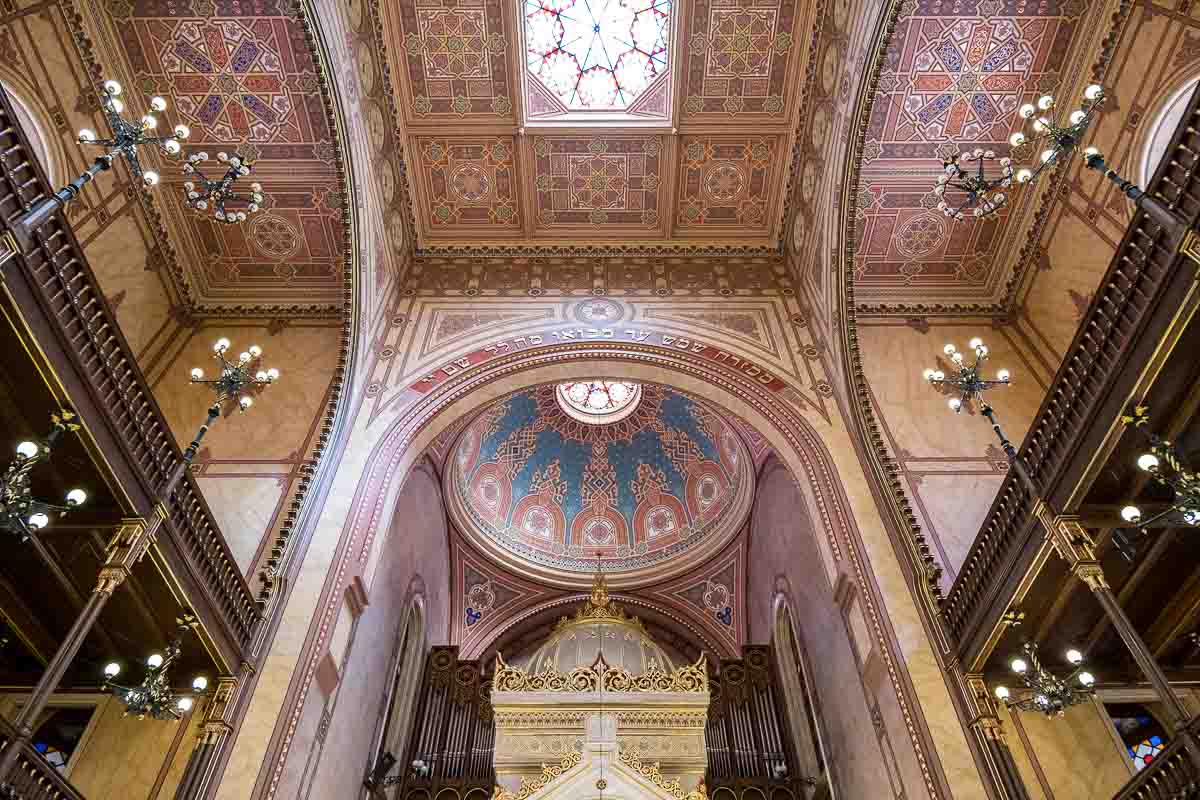 moorish interior of budapest great synagogue with painted dome and ceiling