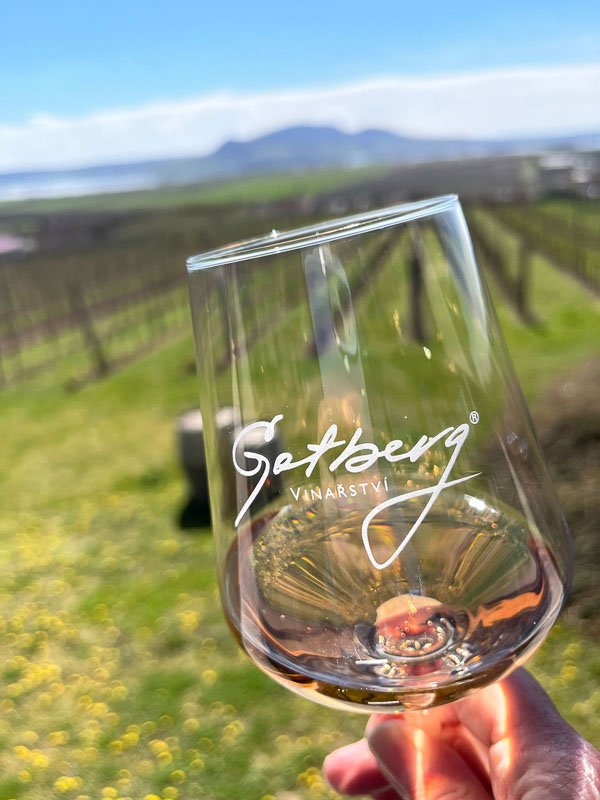 person holding up a glass of wine in a glass inscribed with the name gotberg