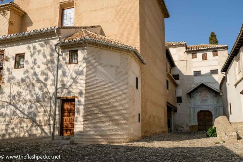 shaded courtyard of church