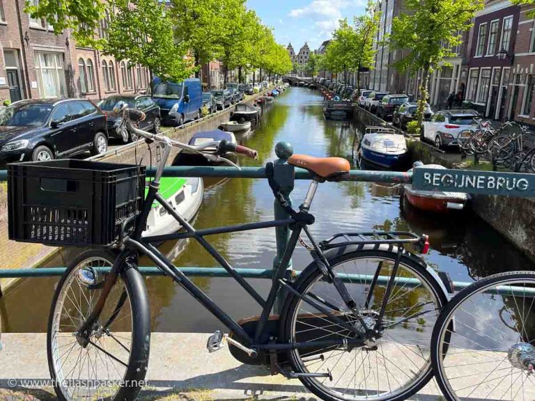 a bike on a bridge crossing a canal in haarlem Netherlands