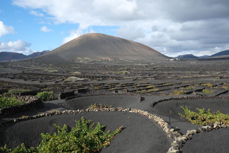 semi circular low carters in a volcanic landscape with low stone walls