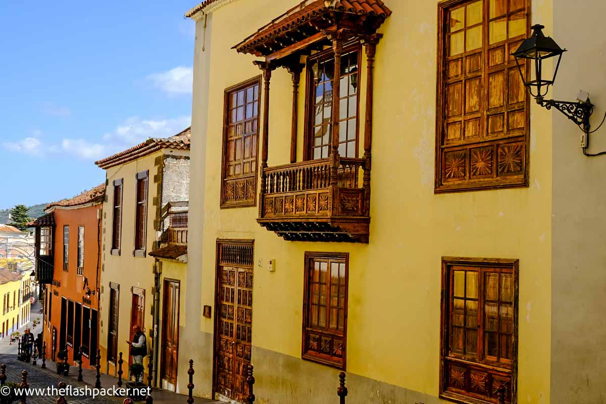 decorative wooden balconies on street in la orotava tenerife