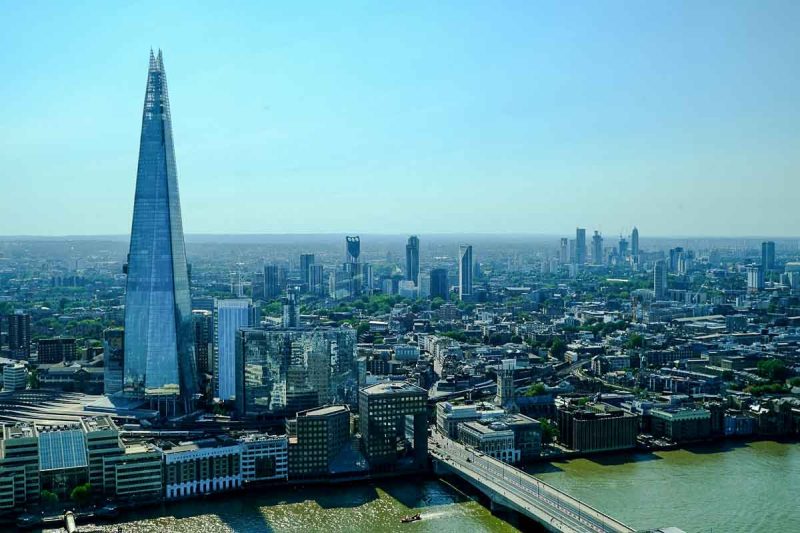 aerial view of river thames with pointy shard building