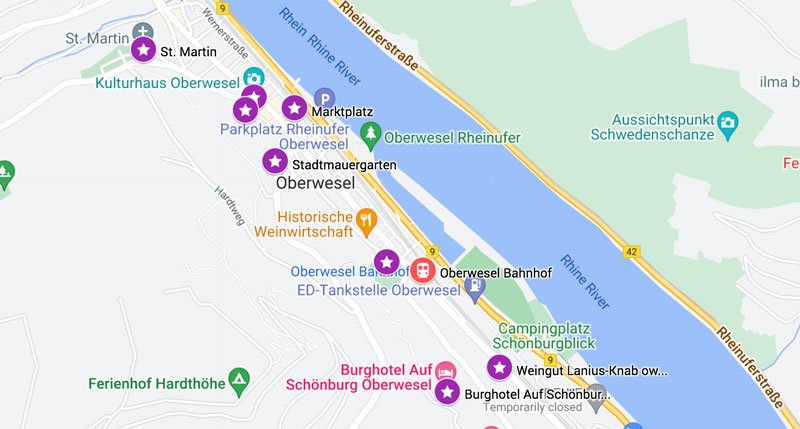 a map showing the best things to do in oberwesel germany