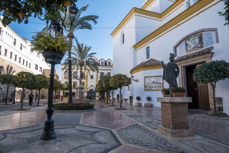 piazza with palm and orange trees and a church