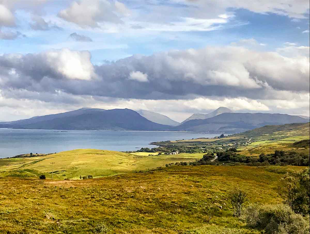 landscape of gentle hills and sea on mull scotland