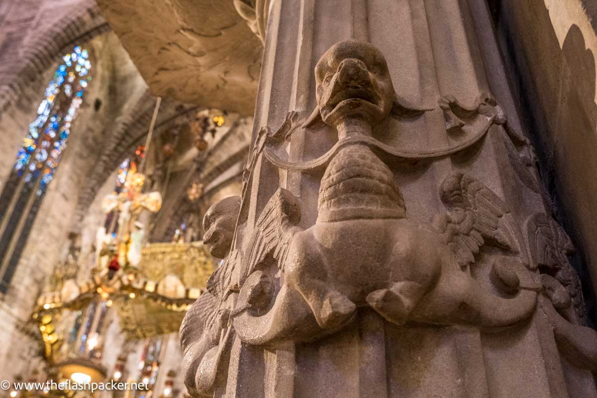 stone carving of creature on column in Catedral de Mallorca