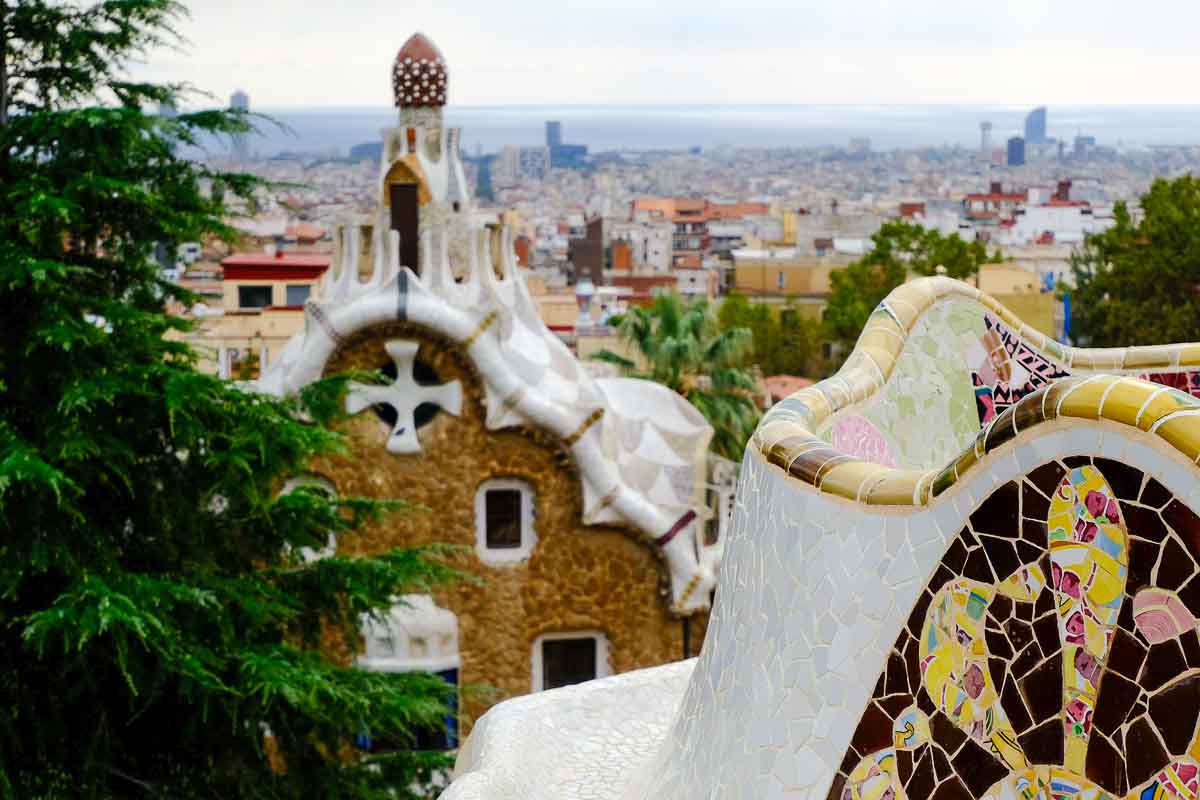 curved wall made from ceramic tiles overlooking cityscape