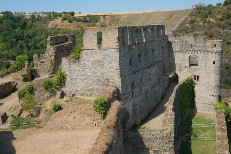 the ruins of burg rheinfels germany with walls and turrets and towers