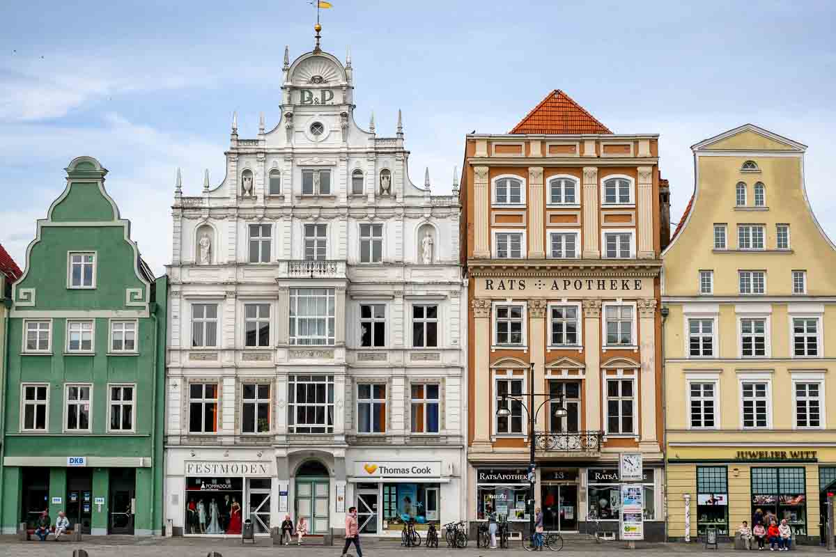 gabled house in main square in rostock germany