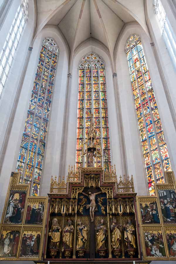 stained glass and carved altarpiece in st james church rothenburg