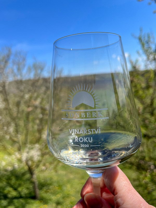 person holding up a glass of wine in a glass inscribed with the name sonberk