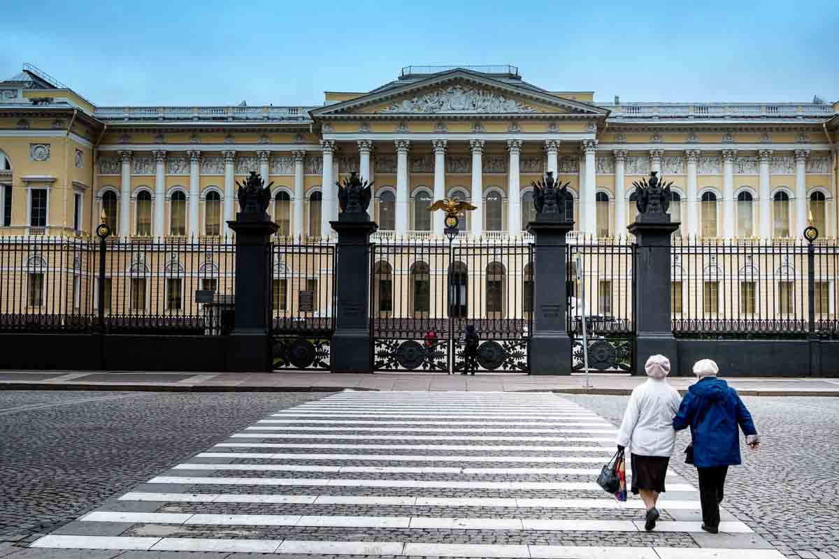 two women crossing the road seen whilst visiting st petersburg on a cruise