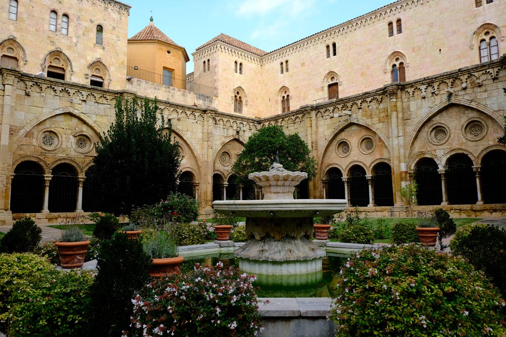 cathedral cloister with small garden and fountain