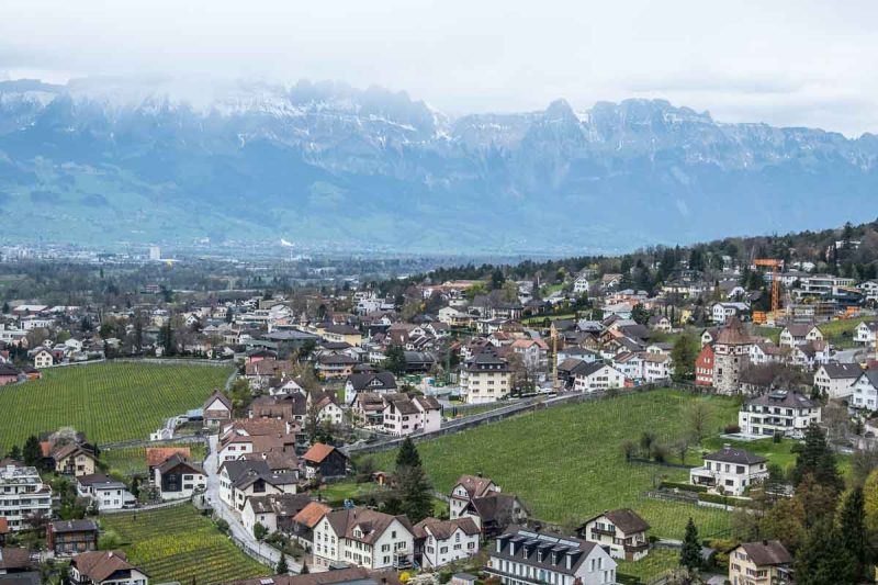 panoramic view of the town of vadus set in an alpine valley