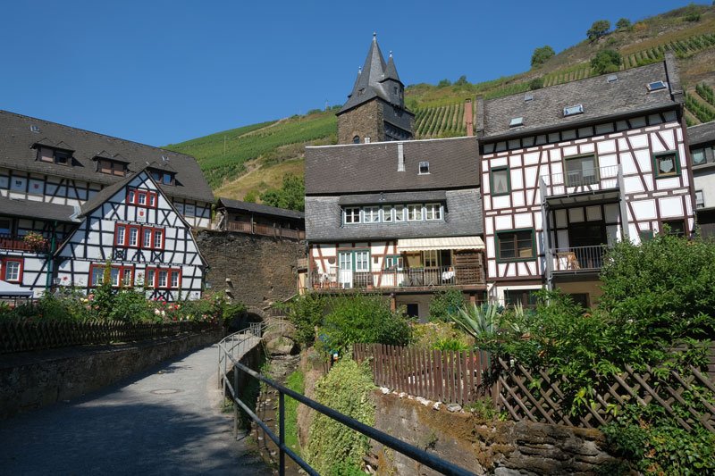 pretty half-timbered buildings in the town of bacharach in germany