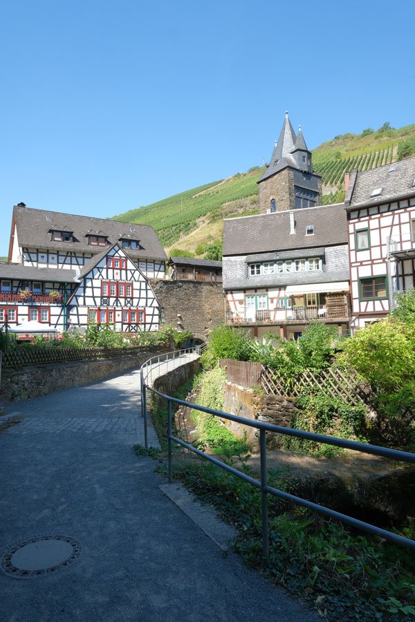 beautiful half-timbered buildings and small bridge backed by a tower and vineyard