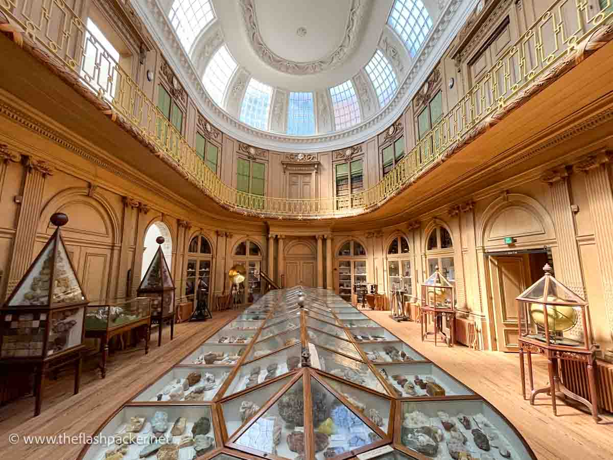 an oval room in teylers museum with a central glass cabinet containing gem stones