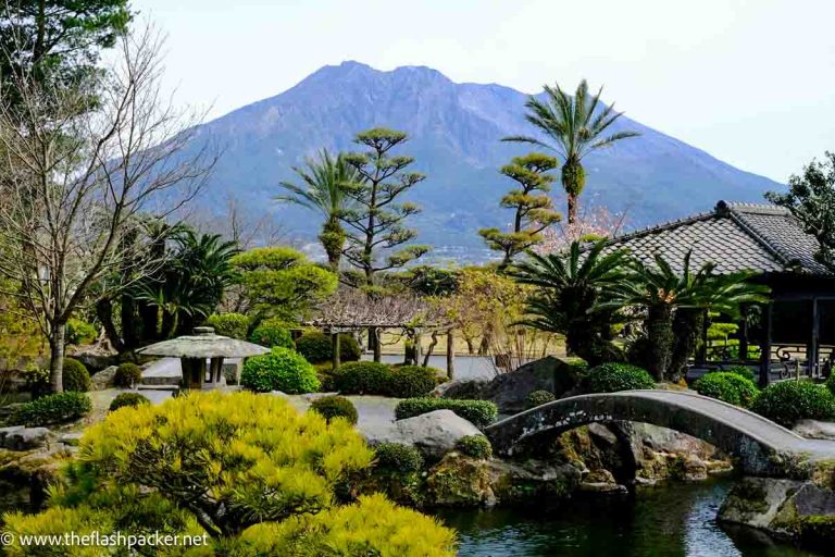 japanese-garden-in-front-of-volcanic-peak