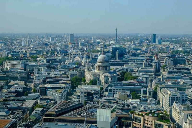 the dome of st pauls cathedral london and city streets from the sky garden