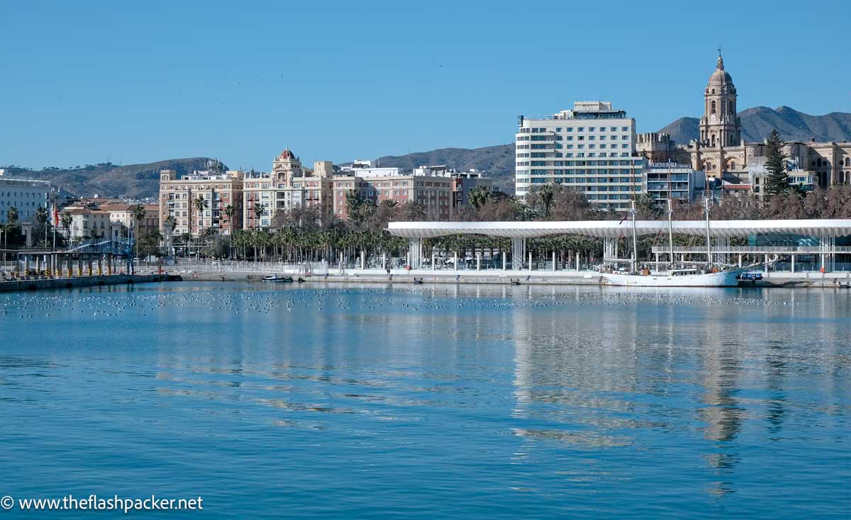 malaga cathedral tower and buildings reflected in water of part