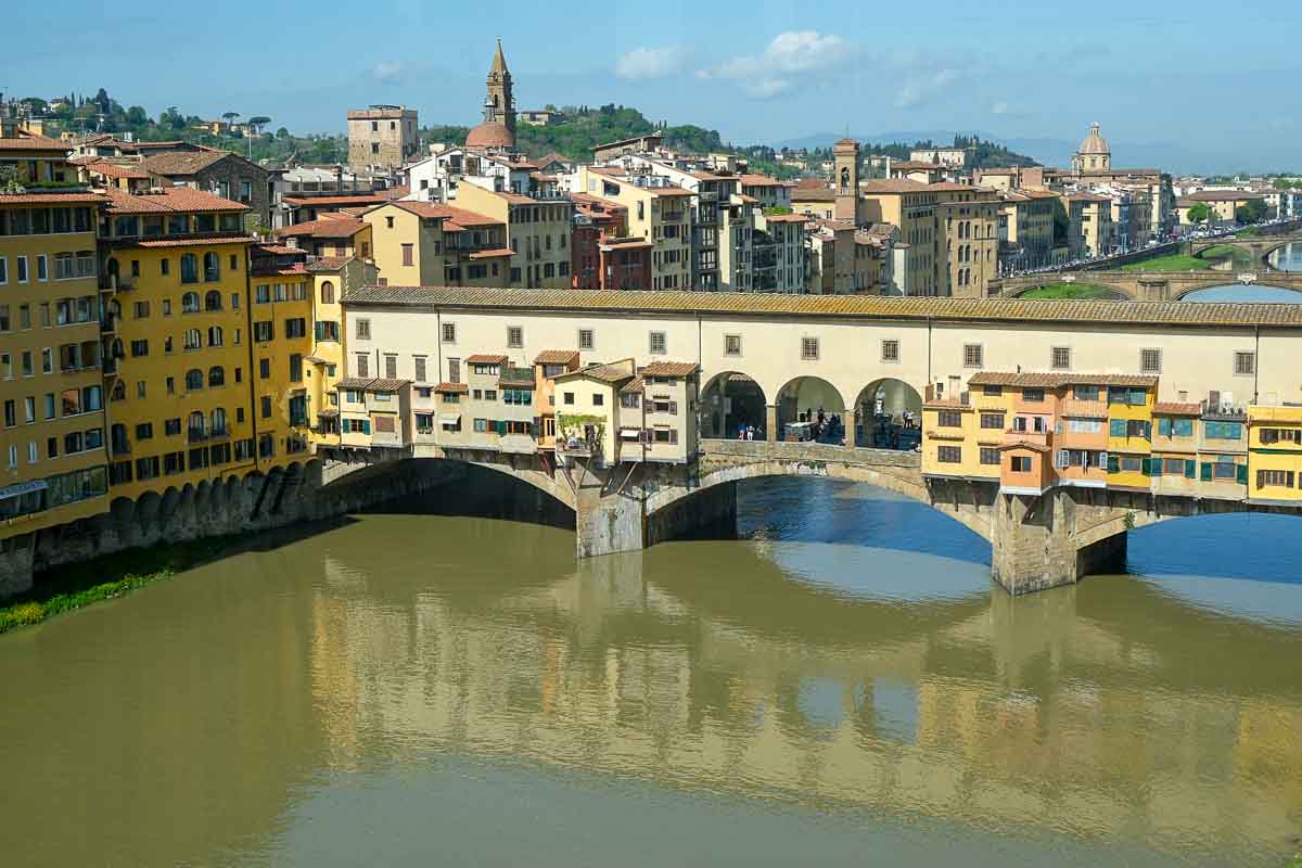 view of ponte vecchio bridge in Florence from Uffizi gallery