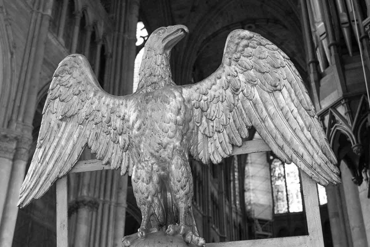 sculpture of eagle with outstretched wings in reims cathedral