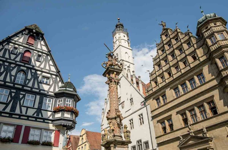 facades of medieval half timbered buildings in rothenburg ob der tauber germany