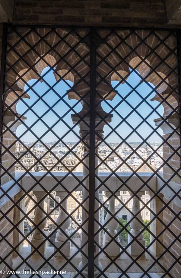 view of cathedral seen through latticed arched window