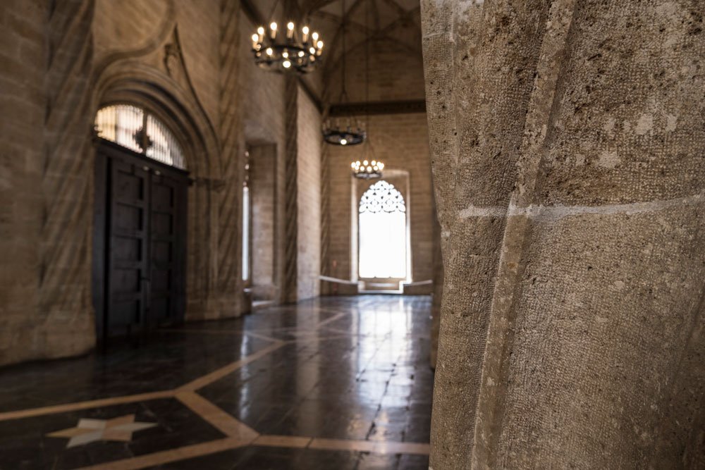 twisted stone column in medieval gothic room