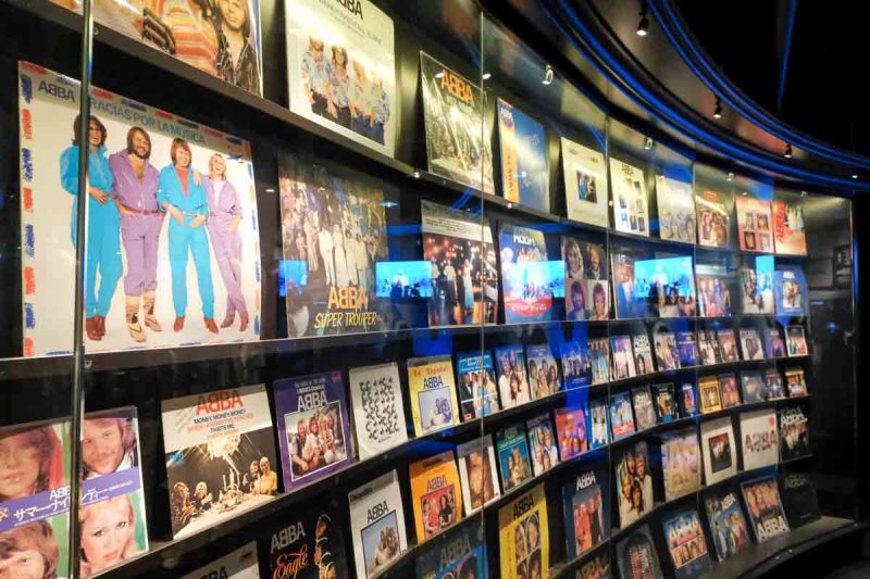 display of abba albums and discs in abba museum stockholm