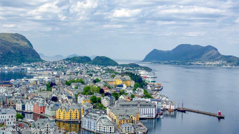 panoramic view town of alesund in norwegian fjords surrounded by water