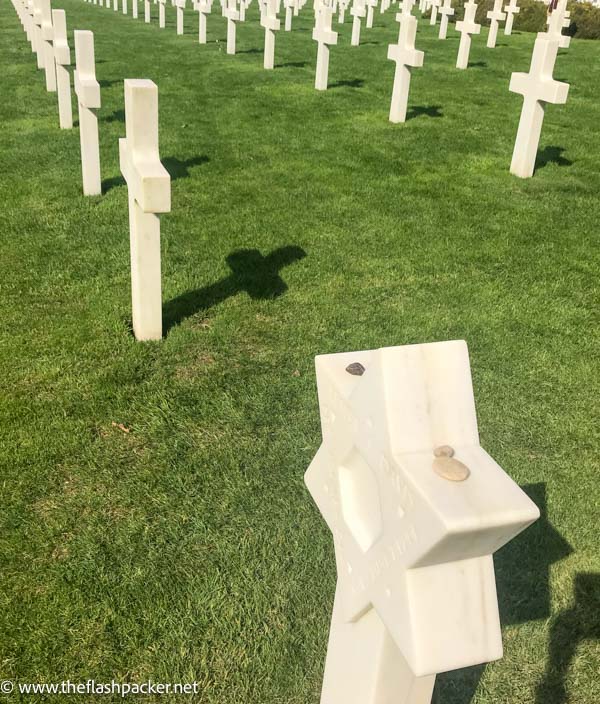 row of white crosses in war cemetery with one with jewish star of david