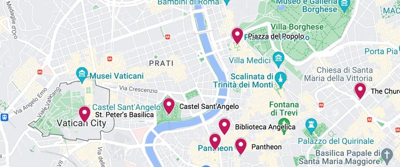 map showing angels and demons locations in rome italy