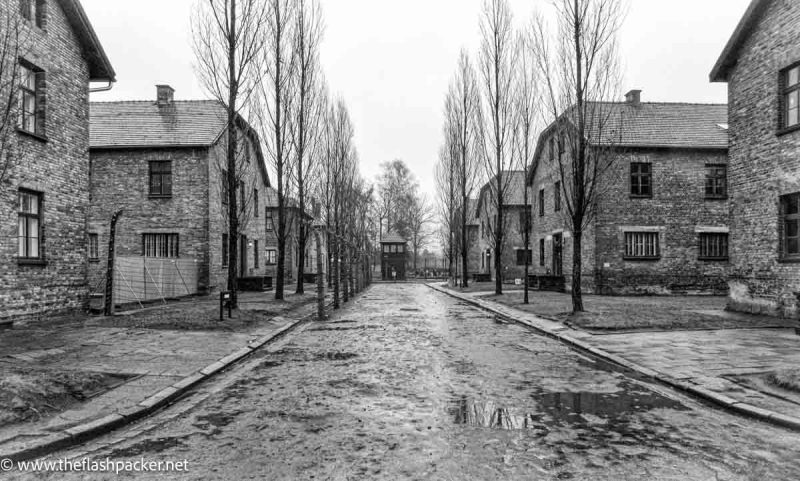 street lined with barracks buildings in the rain in auschwitz