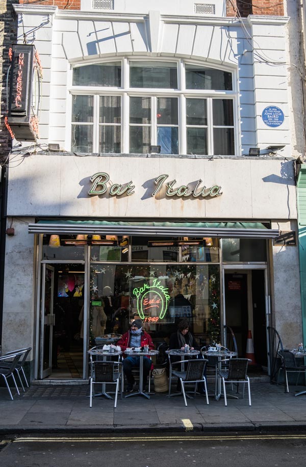 exterior of bar italia coffee shop on frith street in london