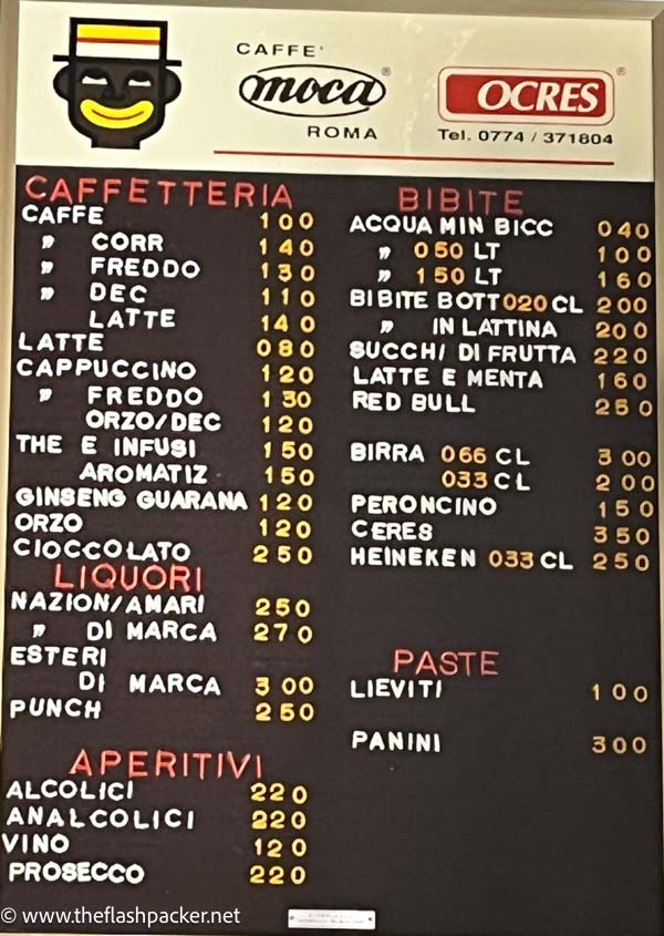 menu in a bar listing the different types of italian coffee