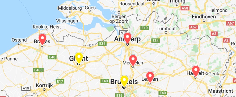 map showing the stops on a one week Belgium itinerary