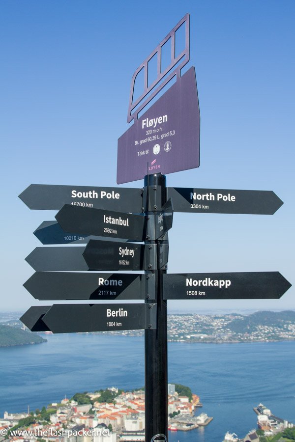 sign post with names of cities over looking the bay of bergen in norway