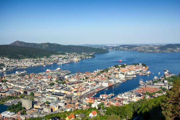 aerial view of the town of bergen with a cruise ship in harbour