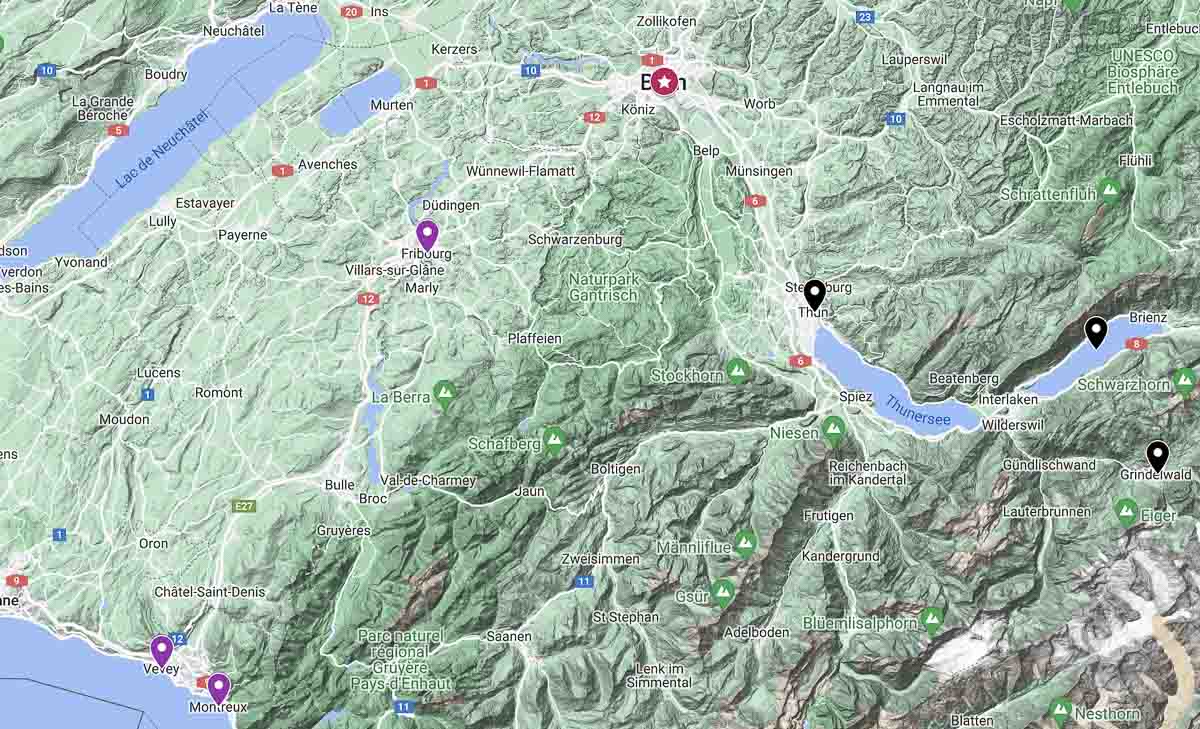 Map of day trips from Bern