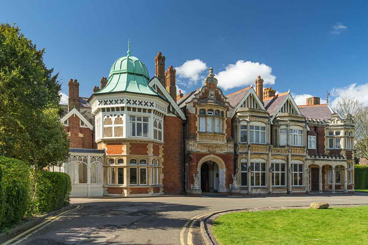 exterior of large country home of bletchley park