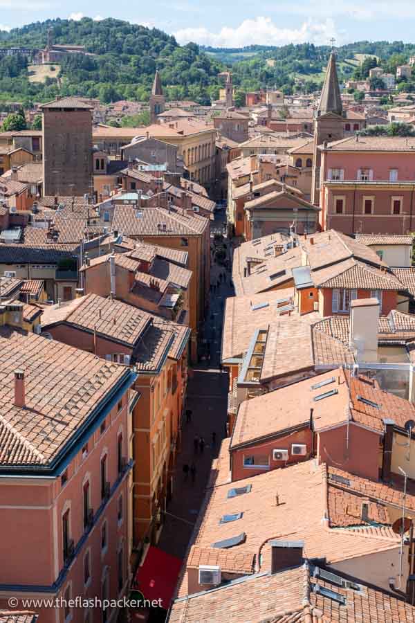 rooftops of bologna italy with green hills in distance