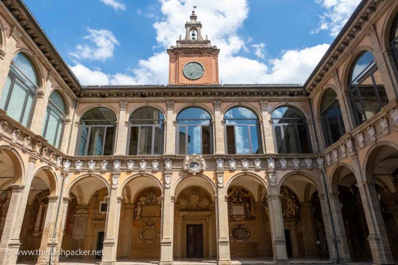 colonnaded 2-storey courtyard of Palazzo dell’Archiginnasio in bologna