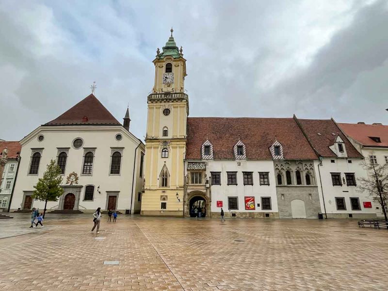 medieval buildings in a pretty square in bratislava slovakia