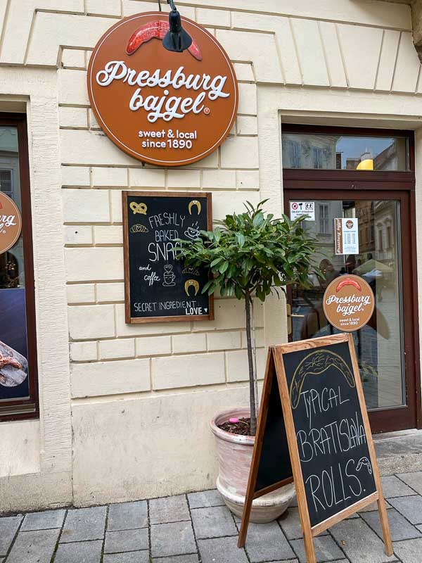 exterior of pressburg bajgel cafe in bratislava