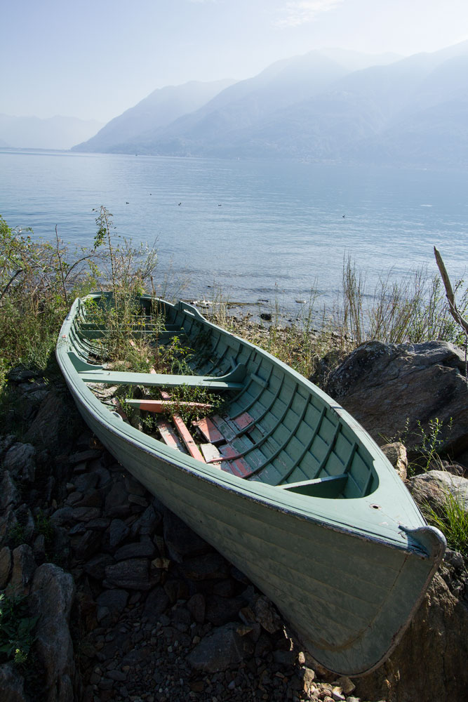 green wooden boat by side of lake