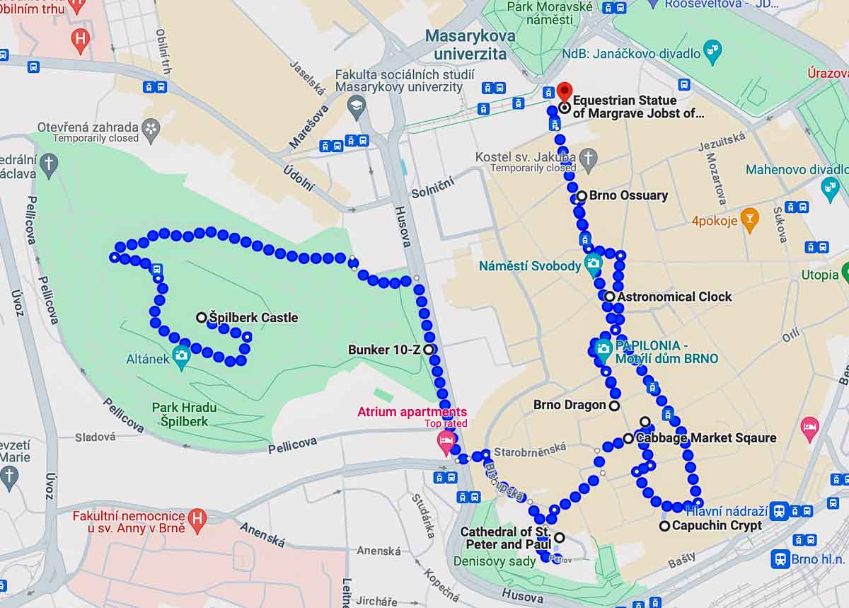 a map of a brno walking tour showing the best places to see in brno in one day