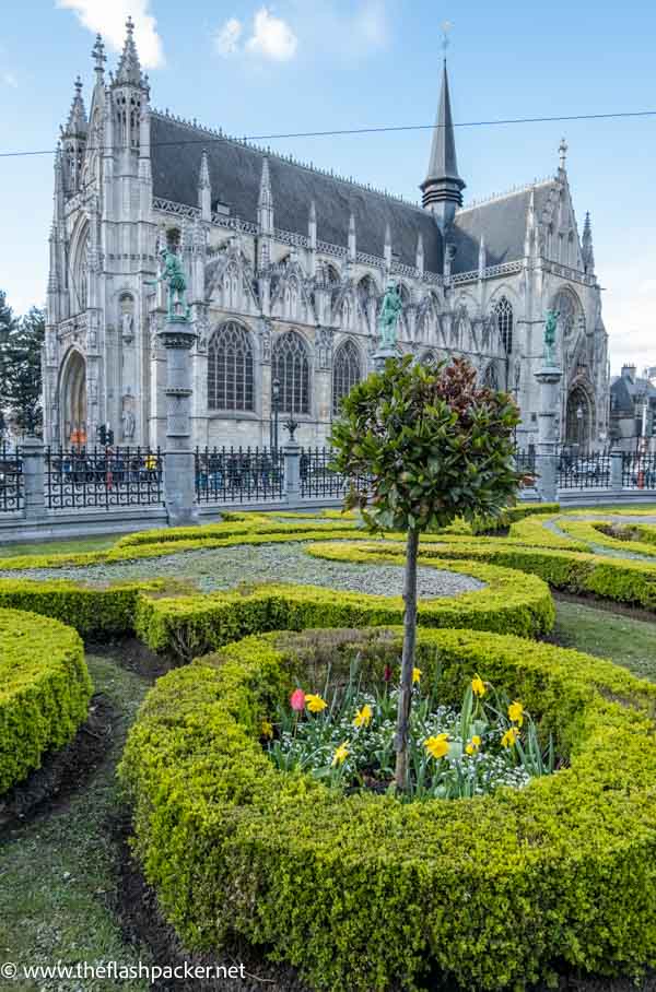 gothic church and a small landscaped garden